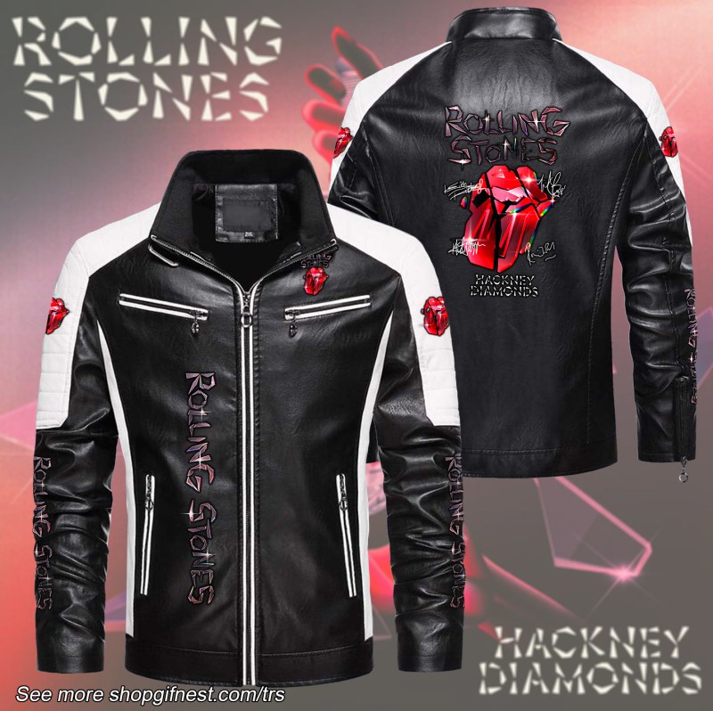 Black Rolling Stones bomber vest HUANNM996 TRS Yuna The Rolling Stones Premium Leather Bomber Jacket IFDDLBJK0001 Idea Fanatic