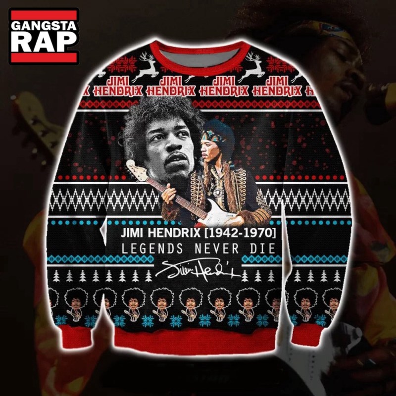 Jimi Hendrix Legends Never Die Ugly Christmas Sweater Jimi Hendrix Legends Never Die Ugly Christmas Sweater IFDDUSW0130 Idea Fanatic