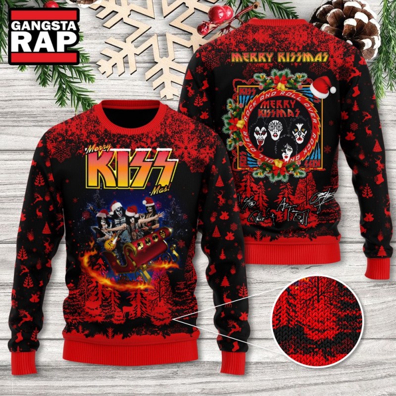 Kiss Band Merry Kissmas Print Ugly Christmas Sweater Kiss Band Merry Kissmas Print Ugly Christmas Sweater IFDDUSW0172 Idea Fanatic