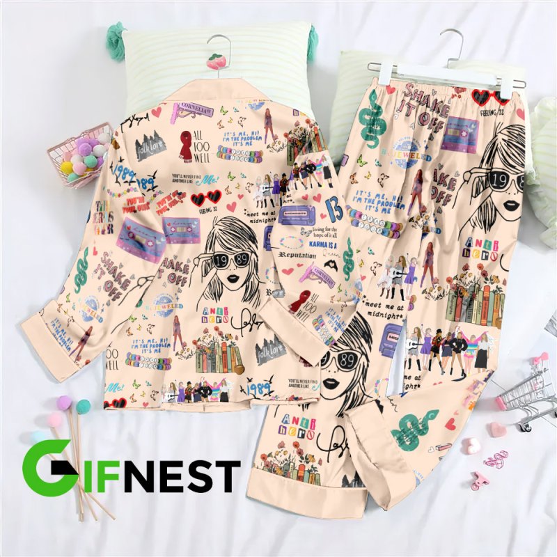 Taylor Swift Button Down Pajamas Set VANDH1838 Hanh 3 Taylor Swift Premium Button Down Pajamas Set IFDDBDP0054 Idea Fanatic