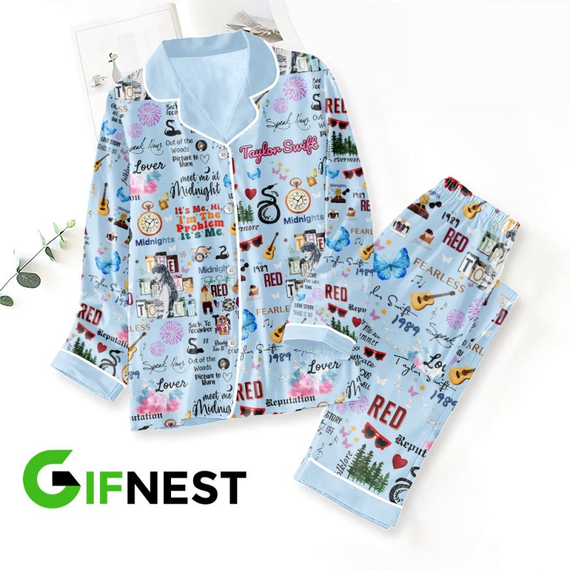 Taylor Swift Button Down Pajamas Set VANDH252 Hanh Blue 1 Taylor Swift Premium Button Down Pajamas Set IFDDBDP0004 Idea Fanatic