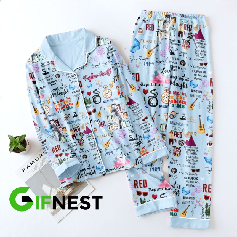 Taylor Swift Button Down Pajamas Set VANDH252 Hanh Blue 2 Taylor Swift Premium Button Down Pajamas Set IFDDBDP0004 Idea Fanatic