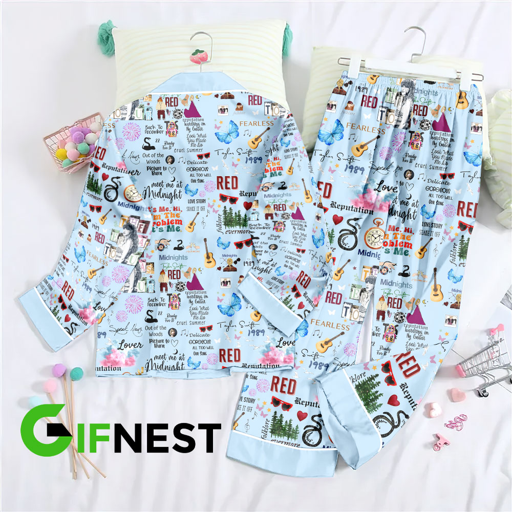 Taylor Swift Button Down Pajamas Set VANDH252 Hanh Blue 3 Taylor Swift Premium Button Down Pajamas Set IFDDBDP0004 Idea Fanatic
