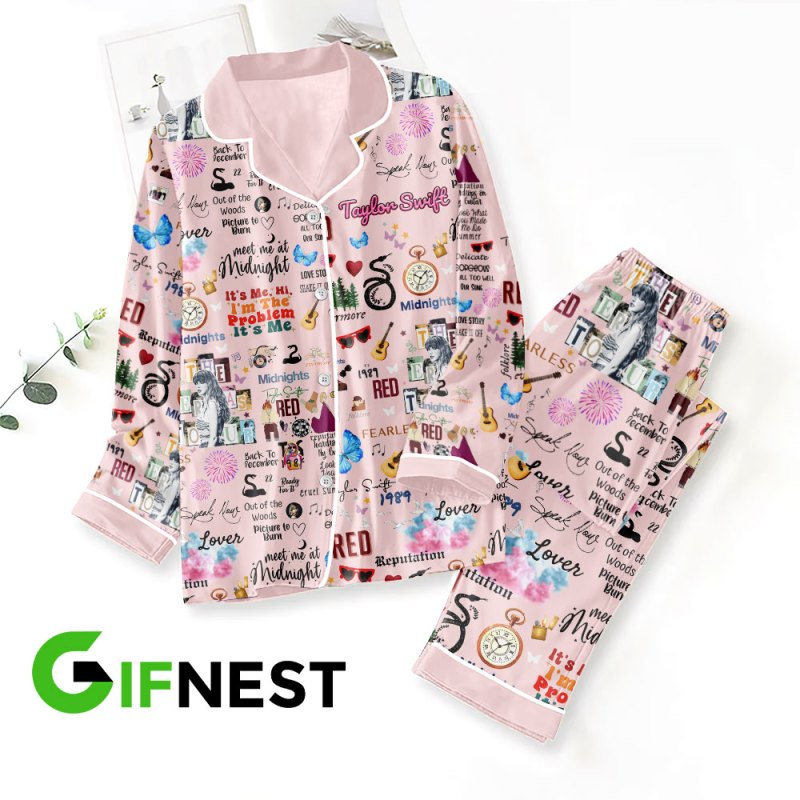 Taylor Swift Button Down Pajamas Set VANDH252 Hanh Pink 1 Taylor Swift Premium Button Down Pajamas Set IFDDBDP0013 Idea Fanatic