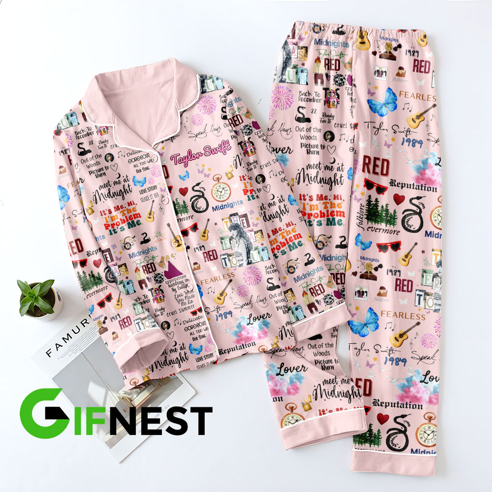Taylor Swift Button Down Pajamas Set VANDH252 Hanh Pink 2 Taylor Swift Premium Button Down Pajamas Set IFDDBDP0013 Idea Fanatic