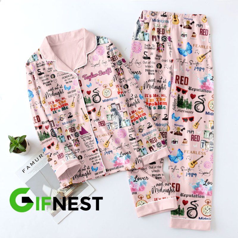 Taylor Swift Button Down Pajamas Set VANDH252 Hanh Pink 2 Taylor Swift Premium Button Down Pajamas Set IFDDBDP0013 Idea Fanatic