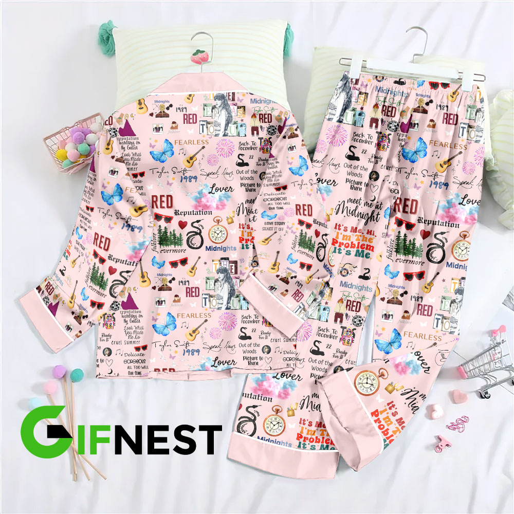 Taylor Swift Button Down Pajamas Set VANDH252 Hanh Pink 3 Taylor Swift Premium Button Down Pajamas Set IFDDBDP0013 Idea Fanatic