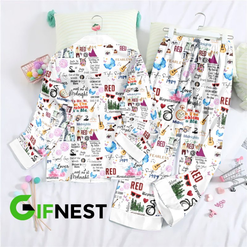 Taylor Swift Button Down Pajamas Set VANDH252 Hanh White 1 Taylor Swift Premium Button Down Pajamas Set IFDDBDP0003 Idea Fanatic