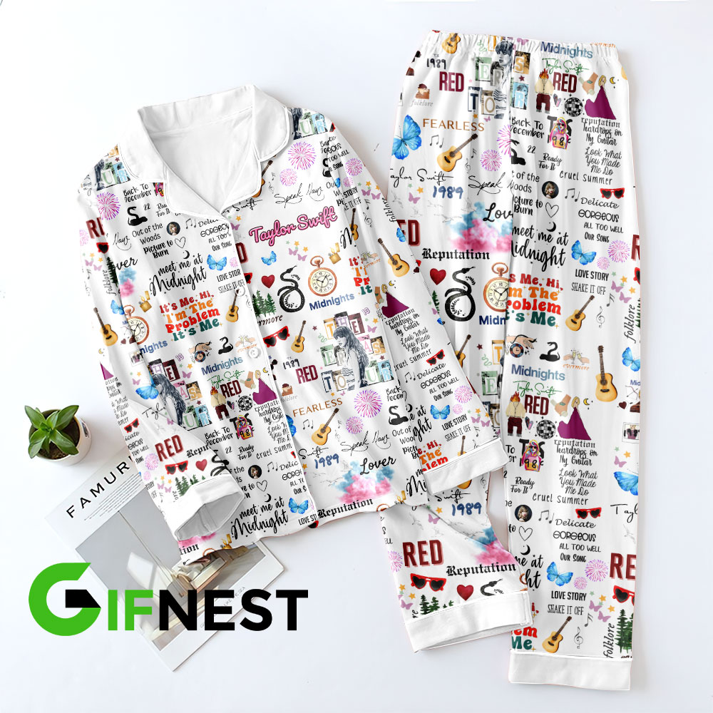 Taylor Swift Button Down Pajamas Set VANDH252 Hanh White 2 Taylor Swift Premium Button Down Pajamas Set IFDDBDP0003 Idea Fanatic