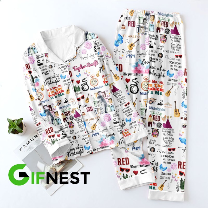 Taylor Swift Button Down Pajamas Set VANDH252 Hanh White 2 Taylor Swift Premium Button Down Pajamas Set IFDDBDP0003 Idea Fanatic