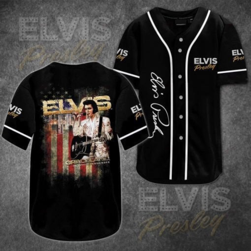 elvis presley printed black baseball jersey rock and roll inspired style 1 Elvis Presley Printed Black Baseball Jersey IDF104267 Idea Fanatic