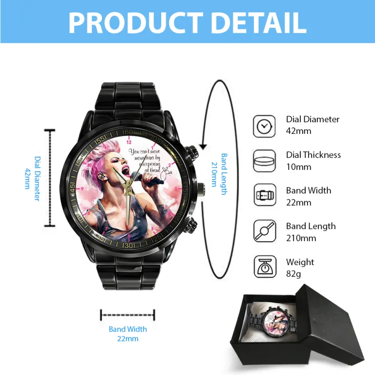 image 7 24 P!nk Black Stainless Steel Hand Watch IDF899241 Idea Fanatic