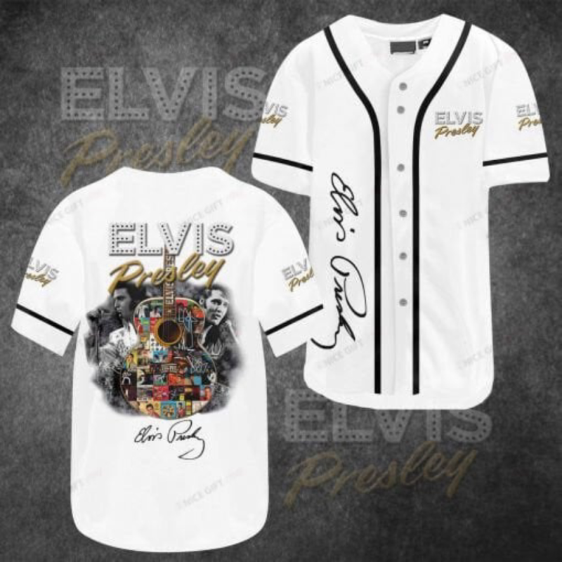 rock n roll icon elvis presley white printed black baseball jersey 1 1 Rock n Roll Icon: Elvis Presley White Printed Black Baseball Jersey IDF104403 Idea Fanatic