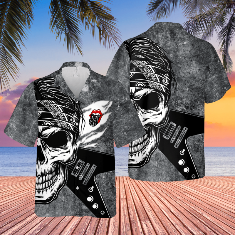 the rolling stones rock n roll skull and guitar hawaiian shirt The Rolling Stones Rock n Roll Skull And Guitar Hawaiian Shirt IDF84731 Idea Fanatic