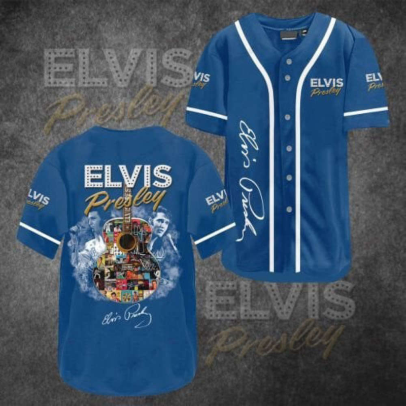 vintage elvis presley blue black baseball jersey rock n roll memorabilia 1 1 Vintage Elvis Presley Blue Black Baseball Jersey IDF104247 Idea Fanatic